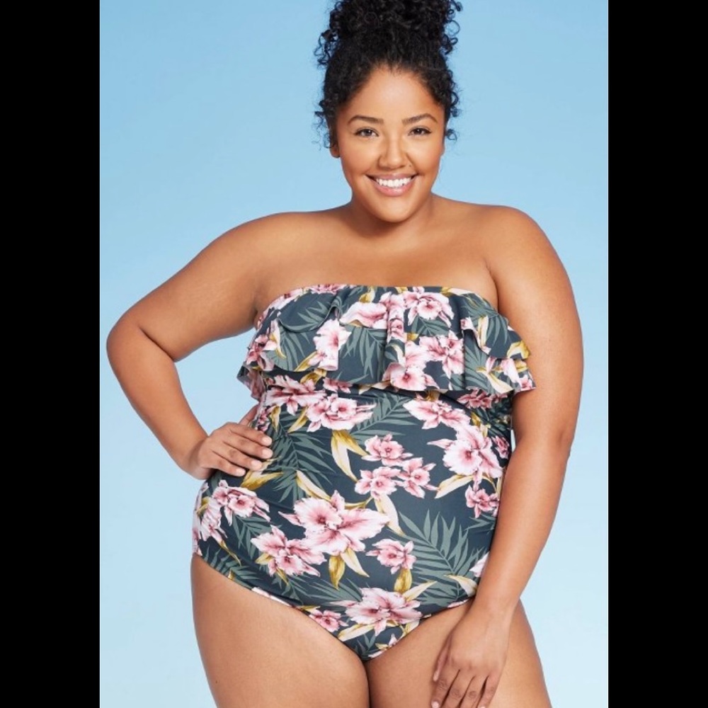 Kona Sol one piece bandeau floral swimsuit. NWT